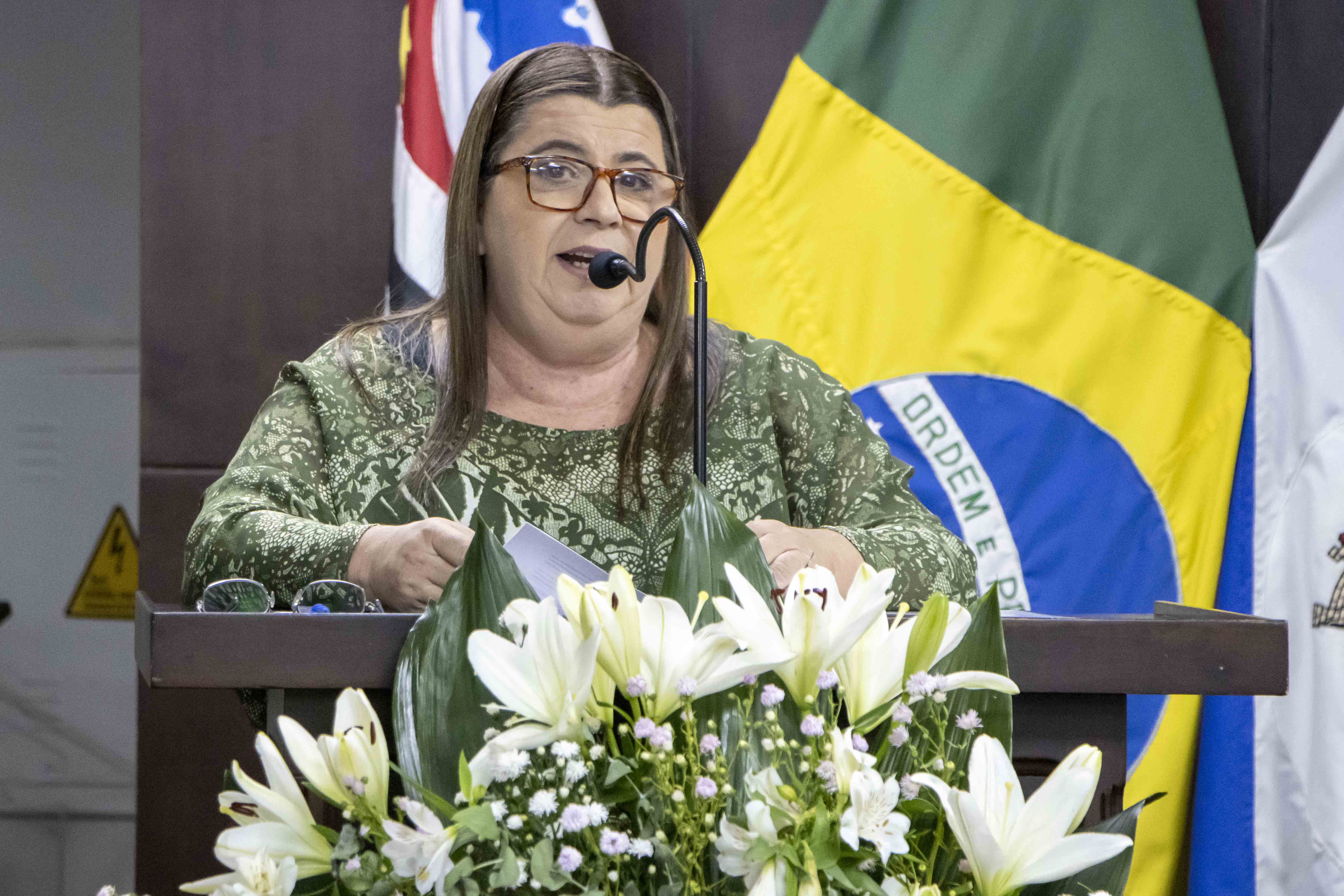 Cláudia Grotta fala em nome das homenageadas na sessão solene pelo Dia Internacional da Mulher, em 2025.